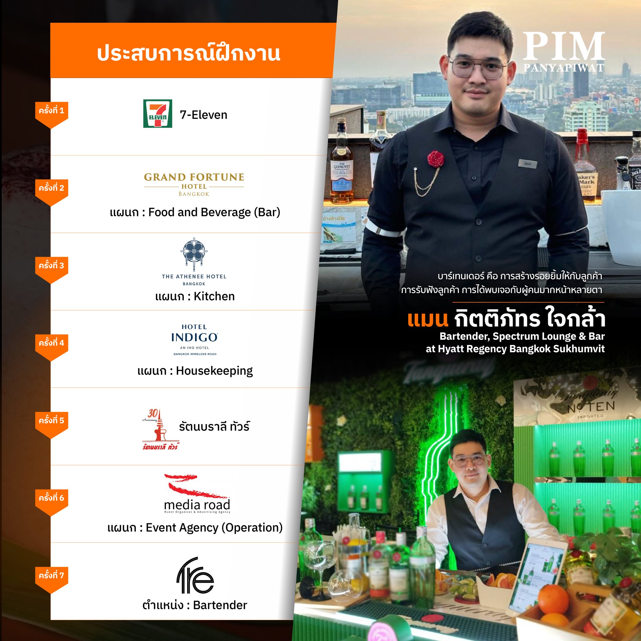 แมน - กิตติภัทร ใจกล้า HIT59 ปัจจุบัน: Bartender, Spectrum Lounge & Bar at Hyatt Regency Bangkok Sukhumvit
