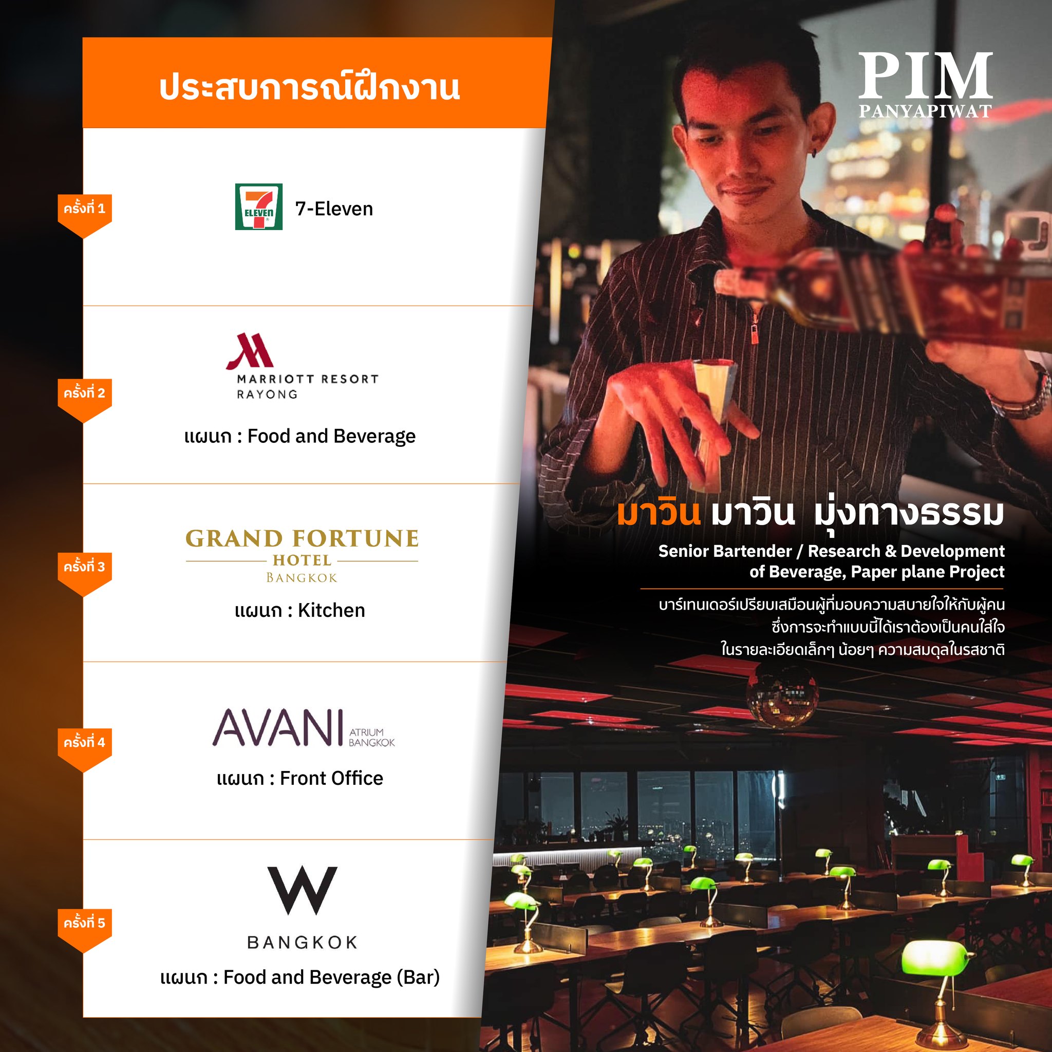 มาวิน-มาวิน มุ่งทางธรรม HIT58 ปัจจุบัน: Senior Bartender/Research & Development of Beverage, Paper Plane Project บริษัท: Paper Plane Project Co., Ltd. ร้านในเครือ Tichuca Rooftop Bar, Paper Plane Project, GIR, Tichuca Phuket, Rloyd's Club, Tahona Rooftop Bar, Sanctuary