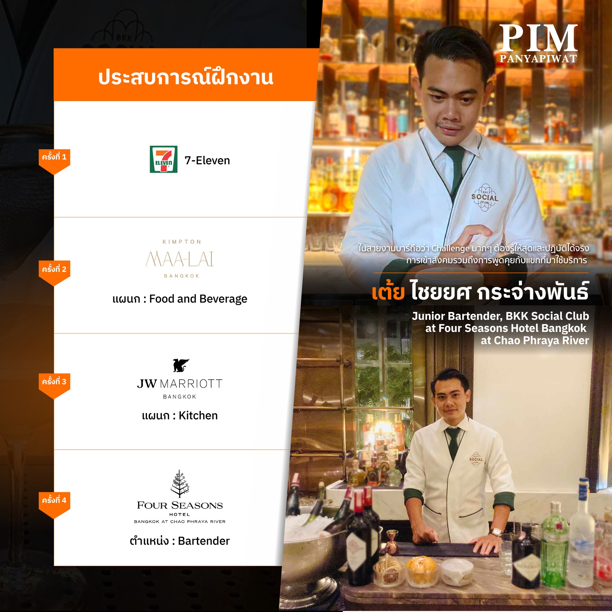 เต้ย - ไชยยศ กระจ่างพันธ์ HIT62 ปัจจุบัน: Junior Bartender, BKK Social Club at Four Seasons Hotel Bangkok at Chao Phraya River